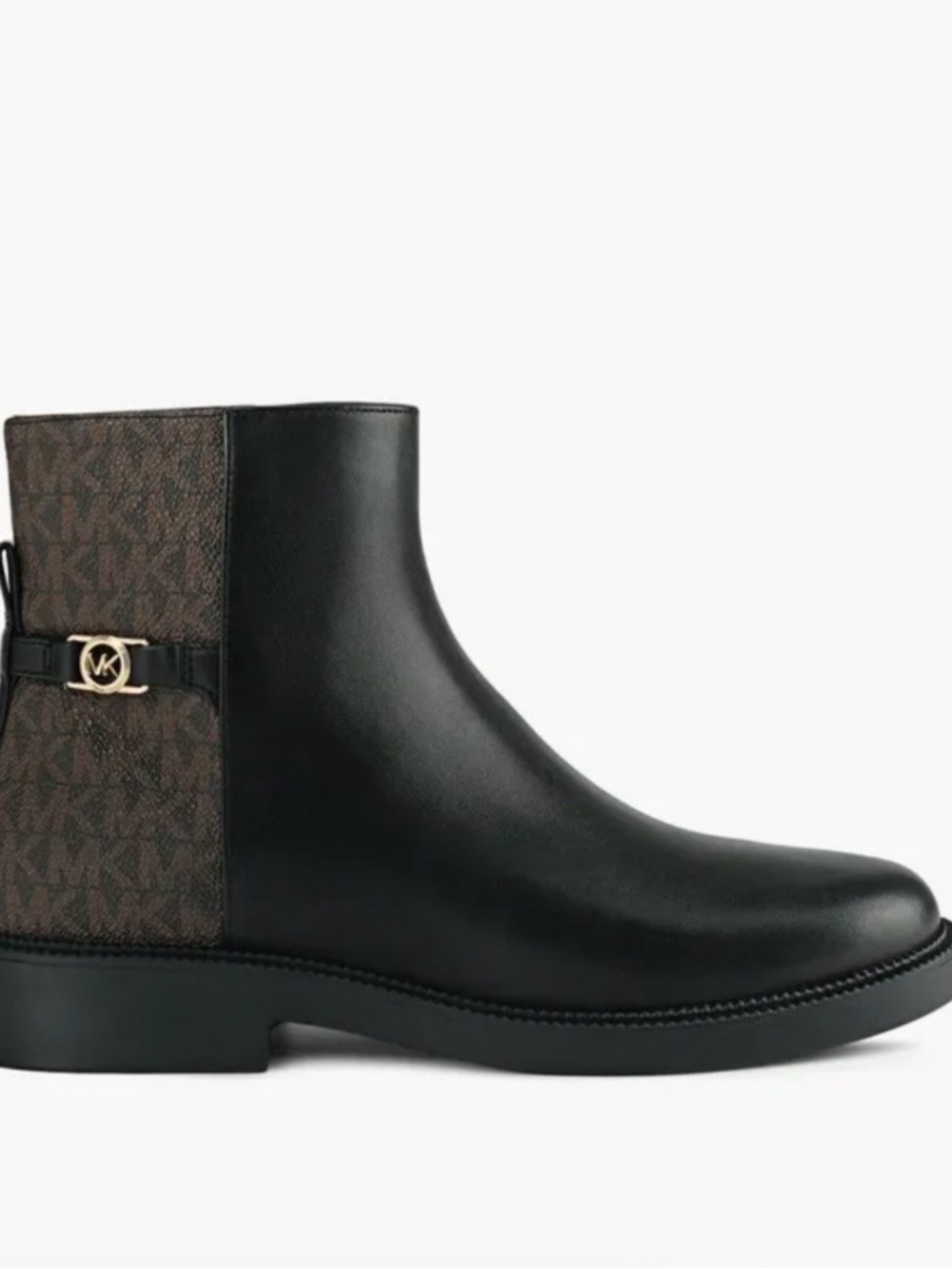 Michael Kors Black Leather and Brown Logo Panel Ankle Boot with Gold Hardware